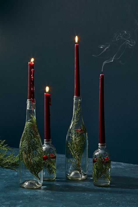 evergreen candle sticks Evergreen Candle, Bottle Candle Holder, Candle Stick Decor, Christmas Hacks, Bottle Candles, Christmas Inspo, Christmas Table Settings, Christmas Mood, Elegant Christmas