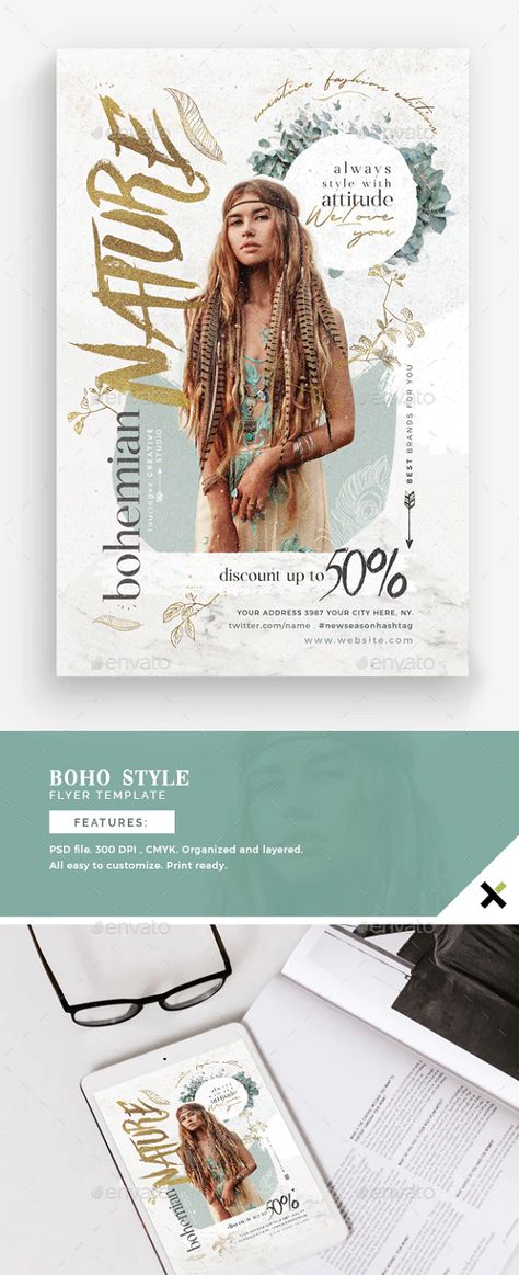 Boho Style Flyer Template This flyer is perfect for the promotion of Shows, Night Clubs, Club Parties, Events, Concerts, Musicals, Shops/Boutiques, Promotions, Festivals or Whatever you Want!. Features: The PSD file is 1725px x 2625px (5.5×8.5” with .25” bleeds) 300 DPI , CMYK The file is well organized, separated in color groups and layers named appropriately All easy to customize the title, text and colors Print ready Hippie Party, Graphic Design Brochure, Concert Flyer, Night Clubs, Club Parties, Color Grouping, Hippie Style, Flyer Template, Festival Fashion