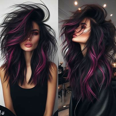 Edgy Long Hair Color, Platinum And Purple Hair Highlights, Black And Purple Color Block Hair, Hair Color Black With Highlights, Bold Hair Color Ideas For Brunettes, Black Hair With Magenta Highlights, Black And Vivid Hair Color, Chunky Peekaboo Highlights, Edgy Summer Hair Color