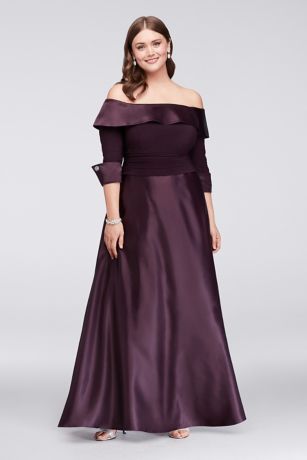 Lustrous satin gleams on this classic mother of the bride plus-size ball gown. The off-the-shoulder neckline, jewel-accented 3/4-sleeves and a ruched waistband flatter the figure.   By Jessica Howard  Spandex, polyester  Back zipper; fully lined  Dry clean  Imported  Also available in regular Plus Size Ball Gown, Mother Of The Bride Suits, Plus Size Vintage Dresses, Cheap Cocktail Dresses, Mother Of The Bride Dresses Long, Satin Ball Gown, Colorful Dresses Formal, Mother Of The Bride Gown, Plus Size Gowns