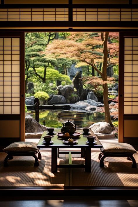 Interior Japanese Garden, Japanese Tea Room Interior, Japanese Garden Room, Japanese House Interior Traditional, Japanese Garden Tea House, Home Japanese Garden, Zen Garden Japan, Japanese Tea Room Design, Asian Tea Room