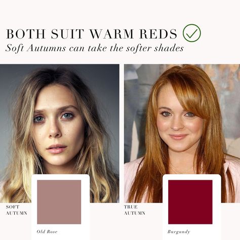 Soft Autumn VS True Autumn fair skin example 🍂 . #coloranalysis #colouranalysis #coloranalyst #autumnpalette #softautumn #trueautumn Soft Autumn Examples, Soft Autumn Vs True Autumn, Soft Autumn Color Analysis, Autumn Mute, Muted Autumn, Autumn Fair, Color Seasons, True Autumn, Capsule Closet