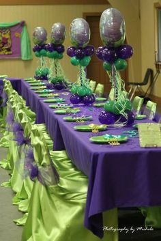 Green and purple decorated table at a Princess and the Frog birthday party! See more party ideas at CatchMyParty.com! Princess And The Frog Birthday, Frog Party Ideas, Princess Tiana Party, Princess Tiana Birthday Party, Tiana Birthday Party, Frog Baby Showers, Frog Birthday Party, Frog Party, Frog Birthday