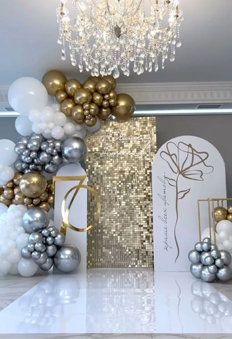 Prom Balloons, 60th Birthday Ideas For Mom, 70th Birthday Decorations, 60th Birthday Decorations, Fancy Decor, Elegant Birthday Party, Shimmer Wall, Mom Party, Dream Wedding Decorations