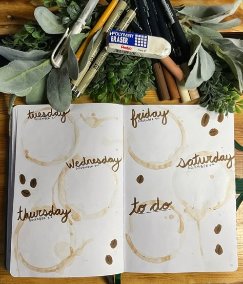 Coffee Bullet Journal Theme, Coffee Theme Bullet Journal, Bullet Journal Coffee Theme, Coffee Bujo, Coffee Bullet Journal, Summer Hobbies, Bullet Journal Week, 2024 Bujo, Bullet Journal September