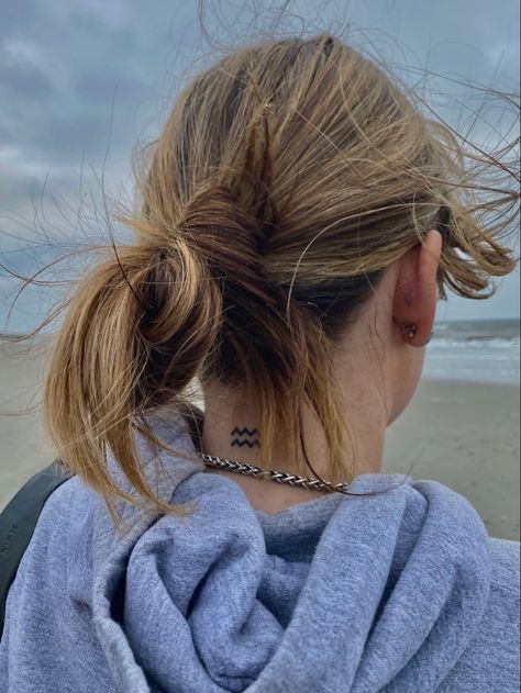 messy bun beach bright color aquarius tattoo neck tattoo back of neck tattoo Aquarius Tattoo Back Of Neck, Aquarius Neck Tattoo, Aquarius Tattoo, Basic Tattoos, Back Of Neck Tattoo, Shiva Tattoo, Neck Tattoo, Back Tattoo, Pretty Tattoos