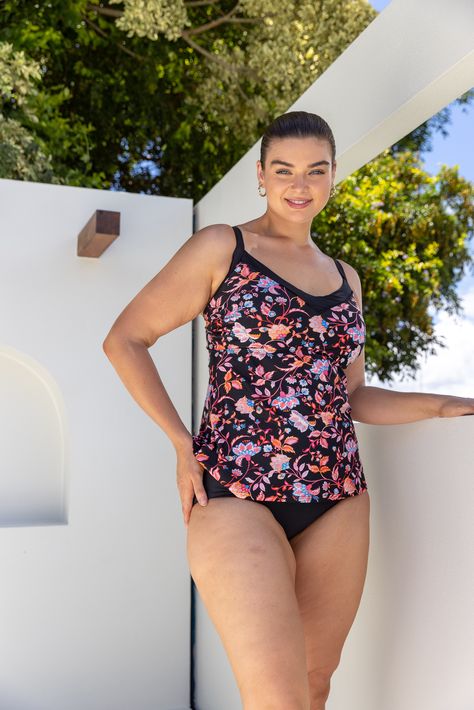 model stands infront of white background wearing a black floral tankini with underwire support Swimwear Australia, Underwire Tankini Tops, Plus Size Tankini, Underwire Tankini, Bra Inserts, Swimsuit Material, Curvy Swimwear, Support Bras, Tankini Top