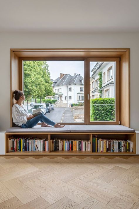 Timber Window Seat, Window At End Of Hallway, Reading Nook Bench Seat, Large Sliding Windows, Window Bench With Table, Dressing A Bay Window, Boho Window Seat, Small Window Seat Ideas, Window Seat In Bedroom