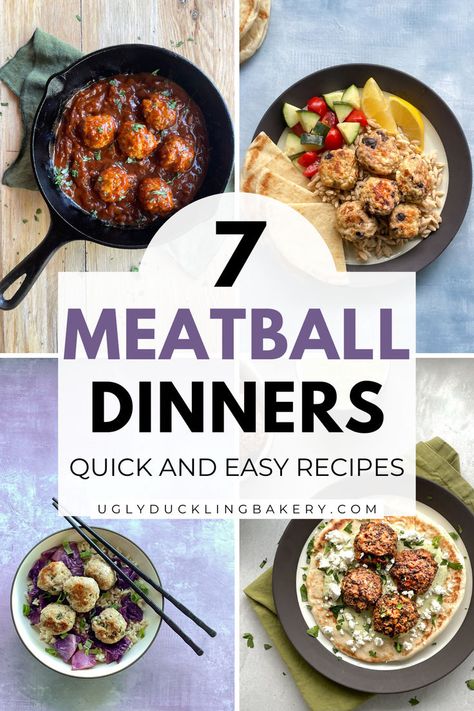 four images of different meatballs including barbecue meatballs in a cast iron pan, a plate of meatballs with feta and greek salad, a bowl of meatballs with chopsticks, and meatballs and feta on pita. The title reads, "Seven meatball dinners. Quick and easy recipes." Ways To Eat Meatballs, Beef Meatball Dinner Ideas, Meatball Dinner Ideas Healthy, Healthy Meatball Dinner, Easy Meatball Dinner, Chicken Meatball Dinner, Recipes With Meatballs, Meatball Dinners, Bbq Chicken Meatballs