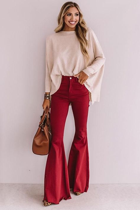 Current Day Fashion Trends You Don't Want To Miss - ROSENINE Red Flare Pants Outfit Western, Red Bell Bottoms Outfit, Coleadero Outfits, Red Pants Outfit, Flare Jeans Outfit, Wife Style, Western Work, Red Flare, Winter Attire