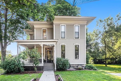 1860 Italianate Victorian For Sale in Three Rivers, Michigan - OldHouses.com Italianate House Exterior, Door Wraps, Coffee Room, Three Rivers, Open Living Room, Wrap Around Porch, Built In Bookcase, Spiral Staircase, Formal Dining