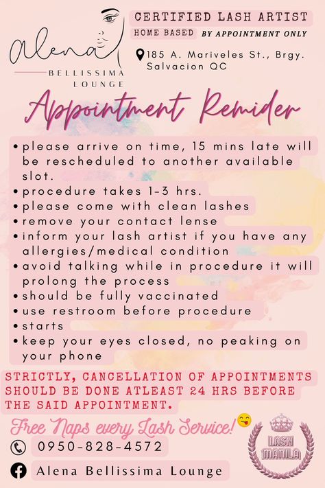 It's a client etiquette. What a client should do before arriving in a scheduled appointment. Lash Extensions Before Appointment, Lash Extension Appointment Policy, Eyelash Policies, Lash Appointment Rules, Esthetician Ideas, Best Revenge Is Your Paper, Natural Looking Eyelash Extensions, Esthetician Career, Nail Tech Business