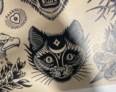 Traditional Cat Tattoo Old School, Traditional Halloween Cat Tattoo, Sailor Cat Tattoo, Trad Black Cat Tattoo, Traditional Cat Tattoo Black And White, American Traditional Cat Tattoo Black, Americana Cat Tattoo, Traditional Cat Head Tattoo, Black Cat American Traditional Tattoo