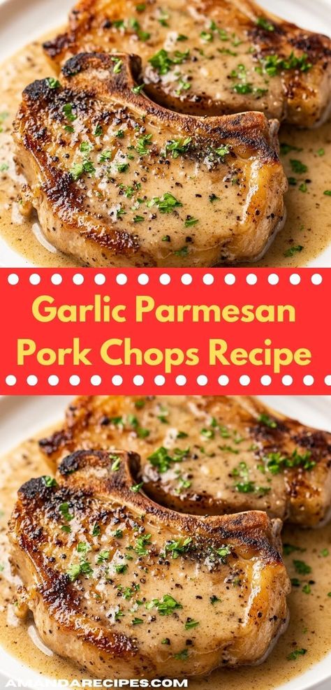 Looking for dinner ideas that impress? These Garlic Parmesan Pork Chops are an easy dinner recipe, featuring succulent pork coated in a rich garlic-parmesan sauce, perfect for a family meal or entertaining guests. Garlic Parmesan Pork Chops, Healthy Pork Chop Recipes, Parmesan Pork Chops, Tender Pork Chops, Seared Pork Chops, Garlic Parmesan Sauce, Dinner Ideas Recipes, Pork Chop Dinner, Crockpot Pork Chops