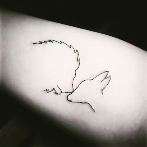 Yesterday I saw a lion kiss a deer---Lyric from "Lost Stars", Maroon 5 Lion And Deer Tattoo, Lion And Lamb Tattoo Outline, Minimalist Twilight Tattoo, Christian Animal Tattoos, Lion And Lamb Tattoo Women Simple, Lost Lamb Tattoo, Lamb Tatoos, Dainty Deer Tattoo, Lamb And Lion Tattoo