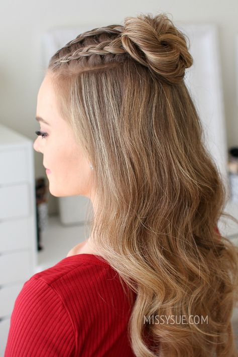 Dutch Braid Half Up, Half Bun Hairstyle, Triple Braid, Two Dutch Braids, Half Bun Hairstyles, Braid Half Up Half Down, Half Up Hairstyle, Mini Bun, Braided Top Knots