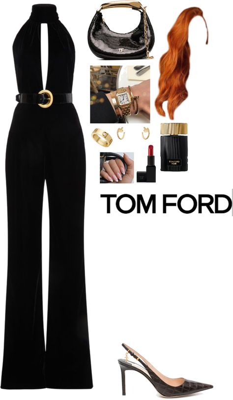 Fashion Week - Tom Ford outfit ideas | Tom Ford Outfit, Red Orange Hair, Saint Laurent Dress, Velvet Jumpsuit, French Nail Designs, Orange Hair, Outfit Maker, Stretch Velvet, Outfit Shoplook