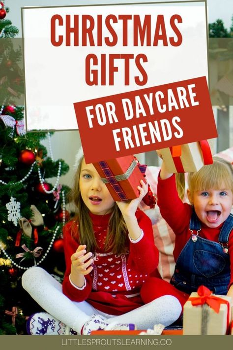 young kids at daycare with christmas gifts by the tree Christmas Gifts For Toddlers Classmates, Preschool Friend Christmas Gift, Christmas Gifts Daycare Kids, Daycare Classmate Christmas Gifts, Infant Daycare Christmas Gifts, Christmas Toddler Class Gifts, Kids Friends Christmas Gift Ideas, Toddler Daycare Christmas Gifts Kids, Gifts For Daycare Provider Christmas