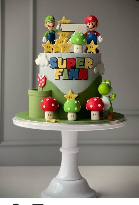 Super Mario Cake Ideas, Mario Cake Ideas, Yoshi Cake, Super Mario Birthday Cake, Mario Birthday Cake, Mario Bros Cake, Super Mario Cake, Mario Cake, Super Mario Birthday