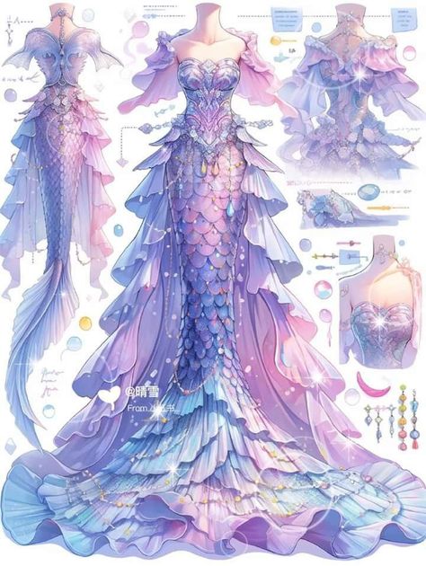 Mermaid Queen Aesthetic, Dreamy Gowns, Fest Outfits, Dress Design Drawing, Mermaid Outfit, Clothing Design Sketches, Anime Clothes, Fashion Drawing Dresses, Drawing Anime Clothes