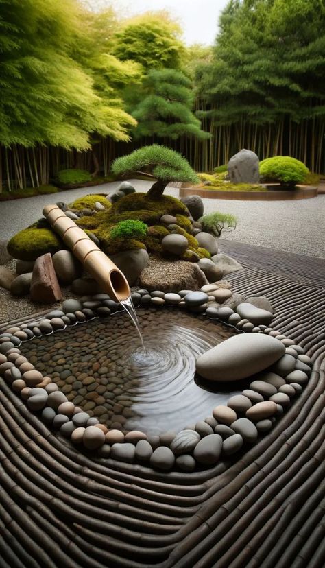 Bamboo Water Feature, Japanese Water Feature, Small Pond Ideas, Japanese Water Garden, Park Amenities, Japanese Elements, Japanese Garden Landscape, Backyard Walkway, Garden Paradise