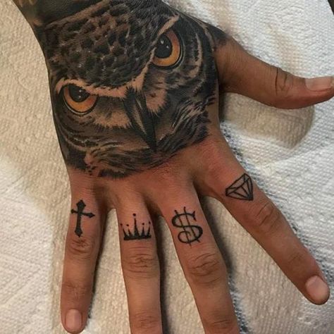 owl-tattoos Owl Hand Tattoo, Owl Tattoos For Men, Owl Eye Tattoo, Mens Owl Tattoo, Bird Hand Tattoo, Realistic Owl Tattoo, Herren Hand Tattoos, Hand Tattoo Designs, Hand And Finger Tattoos