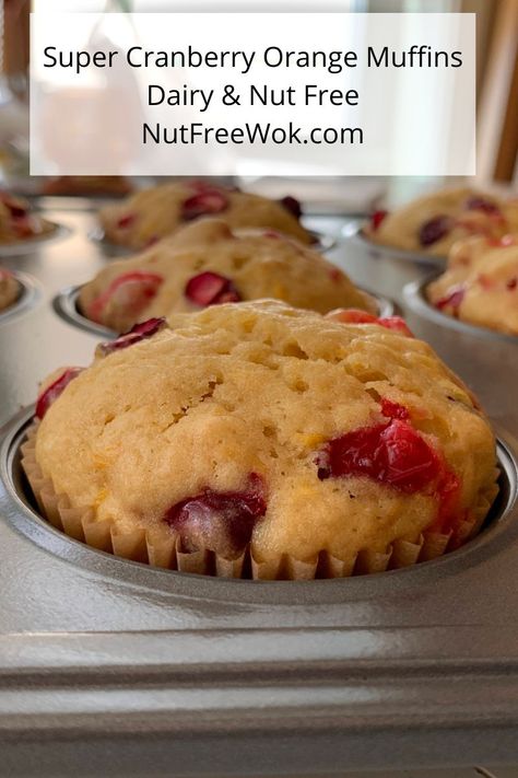 Super Cranberry Orange Muffins, Dairy & Nut Free - Nut Free Wok Paleo Cranberry Orange Muffins, Egg Free Muffin Recipes, Peanut Free Desserts, Wok Recipes, Cranberry Orange Muffins, Orange Muffins, Cranberry Muffins, Nut Free Recipes, White Chocolate Chip Cookies