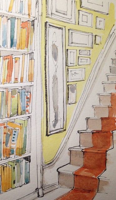 Books Stairs, Black Canvas Paintings, Cute Canvas Paintings, Watercolour Inspiration, Painting Subjects, Beginner Painting, Urban Sketching, Watercolor Sketch, Cool Paintings