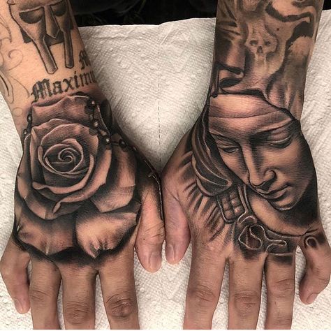 Angel Hand Tattoo, Unique Hand Tattoos, Hand Tattoo Designs, Africa Tattoos, Joker Tattoo Design, Full Hand Tattoo, Chicanas Tattoo, Mary Tattoo, Hand Tats