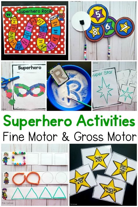 Superhero activities that work on both fine motor skills and gross motor skills. This week full of motor planning ideas is perfect for your superheros! Superhero Language Activities Preschool, Superhero Gross Motor Activities, Prek Superhero Activities, Superhero Lesson Plans Preschool, Superhero Literacy Activities, Superhero Activities For Kindergarten, Superhero Fine Motor Activities, Superhero Theme Preschool Activities, Super Hero Preschool Activity