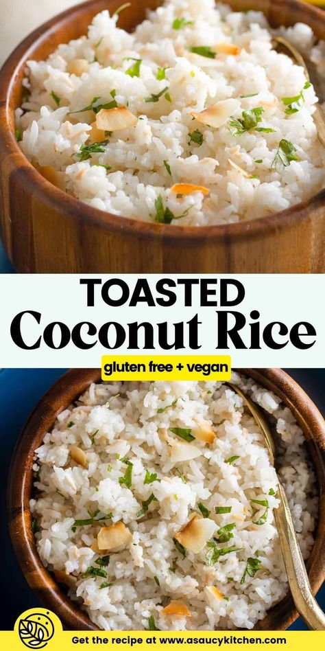 Coconut rice makes for a super simple yet incredibly versatile side dish that pairs well with a wide variety of Cuisines and recipes. Spruce it up even further with the addition of gently fried pieces and toasted rice! | Gluten Free + Vegan Coconut Beans And Rice, Toasted Rice, Vegan Entrees, Vegan Entree, Gluten Free Rice, Sauce Pot, Coconut Rice, Gluten Free Breakfasts, Stir Fries