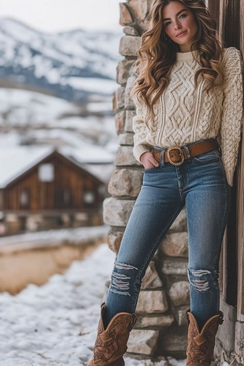 75+ Jeans and Cowboy Boots Outfit Ideas for Winter: Stay Warm, Stay Stylish! - From The Guest Room Women's Fashion Western Outfit, Jeans And Cowboy Boots Women, Cute Stylish Winter Outfits, Casual Boot Outfit Women, Women's Western Wear Outfits Classy, Ladies Cowboy Boots Outfits, Winter Outfits With Heel Boots, Cowgirl Boots Outfit Brown, Ducks Unlimited Banquet Outfit