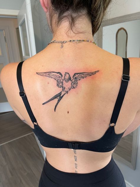 Black and white swallow tattoo on back Tattoos Art History, Bird Wing Tattoo Back, Bird With Open Wings Tattoo, Swallow Back Tattoo, Linework Bird Tattoo, Symmetrical Bird Tattoo, Bird American Traditional Tattoo, Blackwork Bird Tattoo, Back Bird Tattoo