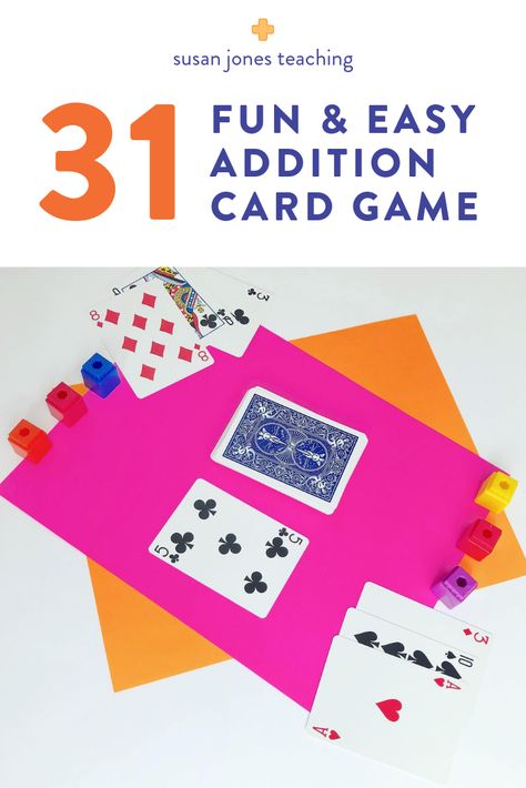 This fun and free addtion game is easy to learn and requires virtually no prep at all! You only need a deck of cards and some cubes or counters. First and second grade students must add the cards in their hand to try to be the first to get 31 before the game is over. Just head over to the blog post to see how to play. No Prep Math Games First Grade, Teaching Activities Elementary, Addition Games, Subtraction Activities, Playing Card Games, Phonemic Awareness Activities, The Game Is Over, Kindergarten Games, First Grade Activities