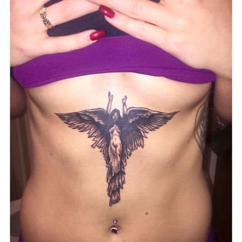 Guardian angel Angel Sternum Tattoo, Tattoo Under Breast, Tattoo Sternum, Tattoo Angel, Los Angeles Tattoo, Angel Wings Tattoo, Sternum Tattoo, Wings Tattoo, Guardian Angel