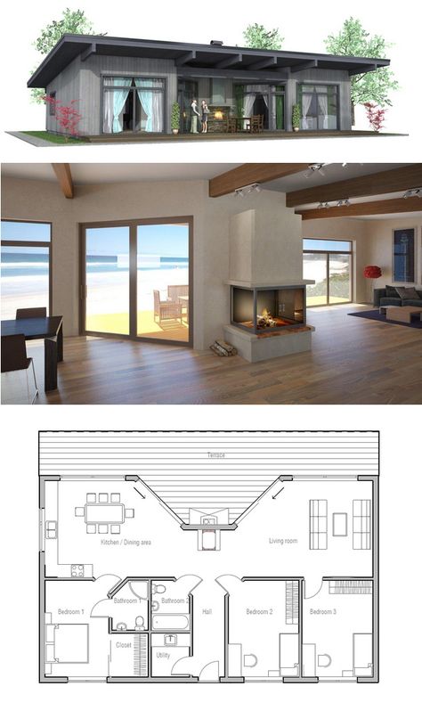 Small House Plan Design Casa Piccola, Small Modern House Plans, Small Modern Home, Beach House Plans, Building A Container Home, Small House Plan, Building Homes, Bungalow House, Modern House Plan