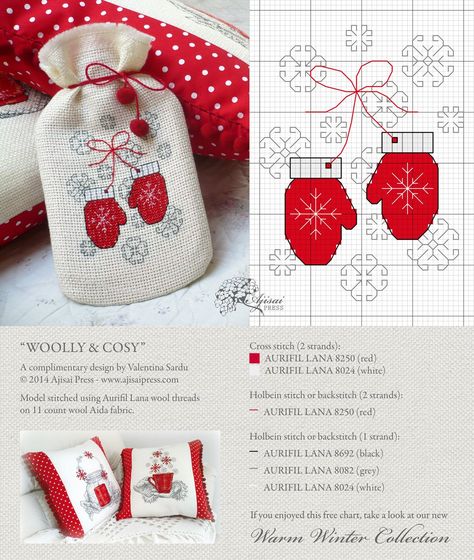 Woolly and cosy - free chart - Ajisai Press Cross Stitch Freebies, Holiday Cross Stitch, Xmas Cross Stitch, Winter Cross Stitch, Cross Stitch Christmas Ornaments, Cross Stitch Love, Pola Kristik, Cross Stitch Patterns Christmas, Cross Stitch Patterns Free