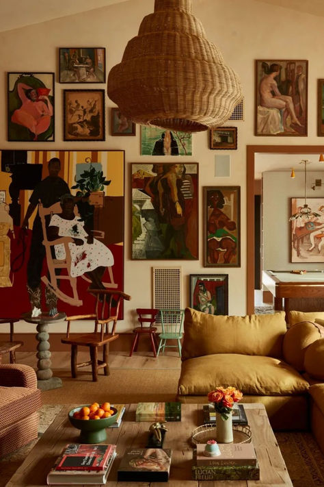 It wouldn't be a European summer aesthetic without a nod to artwork, which plays an important role in European style. Whether it's a classic oil painting adorning the walls of a salon or a centuries-old tapestry gracing a grand hall, Vintage art adds layers of depth and intrigue to a living space  Image credit: Pierce & Ward Louisa Pierce, Paige Wassel, Vintage Summer Aesthetic, Emily Ward, Pierce Ward, European Interiors, Yellow Kitchen Cabinets, Colorful Apartment, Interior Design Advice