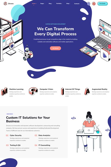 The "Zircona - IT Solutions & Technology WordPress Theme" is a specialized WordPress theme designed for IT companies, technology firms, software developers, and related businesses. It offers a range of features and customization options tailored to create a professional and visually appealing website for technology-focused companies. Software Company Website Design, Website Design Technology, Company Website Design, Page Layouts, Software Company, Build An App, Design Technology, It Solutions, Profitable Online Business