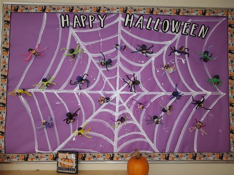 Halloween Bulletin Board Web and spider art with pictures Spider Bulletin Boards, Spiderweb Bulletin Board, Spider Classroom Decoration, Spider Halloween Bulletin Board, Spider Bulletin Board, Groovy Halloween Bulletin Board, Spooktacular Bulletin Boards, Halloween Infantil, Halloween Bulletin Boards