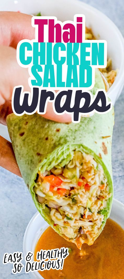 Easy Thai Chicken Salad Wrap - salads #salads Chicken Wrap Lunch, Chicken Tortilla Wraps, High Protein Chicken Salad, Thai Chicken Wraps, Easy Thai Chicken, Asian Chicken Wraps, Grilled Chicken Wraps, Ginger Salad Dressings, Salad Wrap