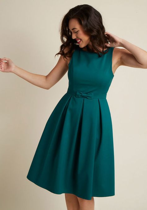 High-Neck Pleated Fit and Flare Dress Modcloth Wedding Dress, Holiday Cocktail Dress, Popular Wedding Dress, Teal Cocktail Dress, Cocktail Dress Holiday, Holiday Cocktail, Mod Cloth Dresses, Soft Gamine, Green Dresses