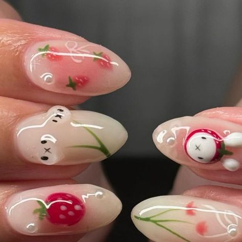 suzy ☆ UT NAIL ARTIST ☆ on Instagram: "fresitas & miffy ࣪ ˖˚˖🍓𓍢ִ🐇໋✧˚.୨୧
୨୧ ib: pinterest !! pls tag creator if you know !!
୨୧
୨୧
#miffy #cutenails #strawberrynails #utahnails #boycottboringnails #slcnails #slcnailtech #miffynails #summernails" Red Miffy Nails, Cute Bday Nails, Miffy Nails, Punk Nails, Girls Nails, Dream Nails, Flower Nails, Dope Nails, Nail Artist