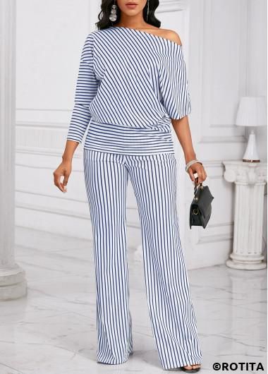 2piece Outfits, Rompers Online, Jumpsuit Elegant, Classy Dress Outfits, Blue Jumpsuits, Lovely Tops, Classy Casual Outfits, Off Shoulder Top, Striped Sleeve