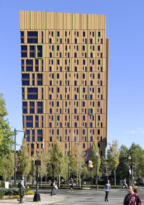 The Tree House Residence Hall at Massachusetts College of Art Residence Facade, Student Residence, Student Hotels, Boston Skyline, Residence Hall, Public Architecture, Architecture Landmark, Brick Architecture, Facade Design