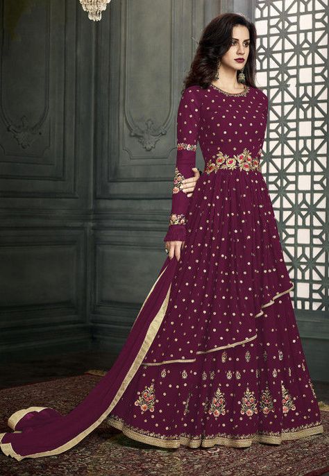 Embroidered Georgette Abaya Style Suit in Dark Purple Georgette Gowns, Floor Length Anarkali, Frocks And Gowns, Salwar Suits Party Wear, Look Festival, Abaya Style, Fab Dress, Utsav Fashion, Kurti Designs Party Wear