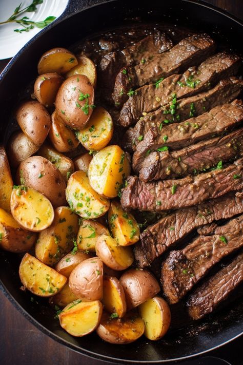 Garlic Butter Steak and Potatoes Steak And Fried Potatoes, Baby Yellow Potatoes, Garlic Butter Steak And Potatoes, Butter Steak And Potatoes, Rosemary Steak, Make Garlic Butter, Steak And Potatoes, Leftover Steak, Steak Potatoes