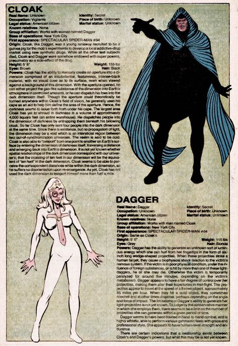 Cloak and Dagger by Ed Hannigan | The Official Handbook of the Marvel Universe #2 Cloak Marvel Comics, Cloak Marvel, Cloak And Dagger Marvel, Dagger Marvel, Cloak And Dagger Art, Tandy Bowen, Tyrone Johnson, Marvel Universe Characters, Marvel Knights