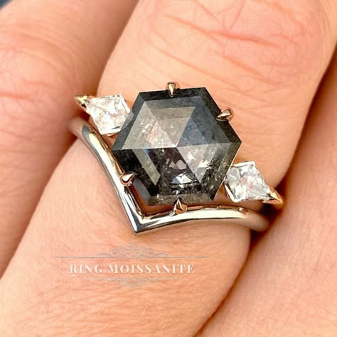 "2.9 CT salt and pepper engagement ring,hexagon,black grey diamond ring,unique,three stone engagement ring,14k rose gold,wedding ring,women An elegant, engagement ring features 2.9 CT hexagon salt and pepper moissanite with kite-shaped three stone are unique as a wedding ring and gift → Purchasing for: Engagement Ring, Wedding Ring, anniversary gift, Promise Ring, Diamond Ring → Occasions: Engagement & Wedding DESCRIPTION -------------------- This Ring Made with solid gold Art Deco style with hi Black And Grey Engagement Ring, Salt And Pepper Moissanite Engagement Ring, Salt And Pepper Moissanite Ring, Smokey Engagement Ring, Salt And Pepper Ring Engagement, Hexagon Salt And Pepper Diamond Ring, Salt And Pepper Kite Diamond Ring, Salt And Pepper Diamond Ring Engagement, Rose Gold Wedding Ring Women