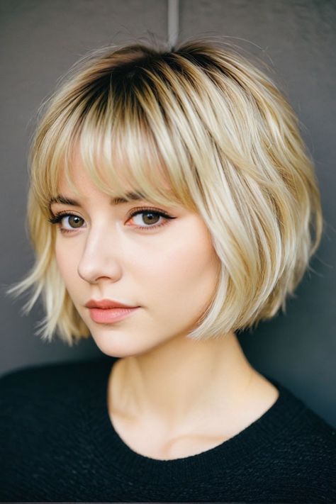 Blonde Textured Bob with Wispy Bangs, bob hairstyle, bob haircut Blonde Choppy Bob With Fringe, Short Hair Styles With Bang, Short Blonde Hair With Bangs Round Face, Shaggy Haircut With Curtain Bangs, Blonde Bob Curtain Bangs, Wispy Bangs Bob, Blonde Shaggy Bob, Short Blonde Bob With Bangs, Bright Creamy Blonde